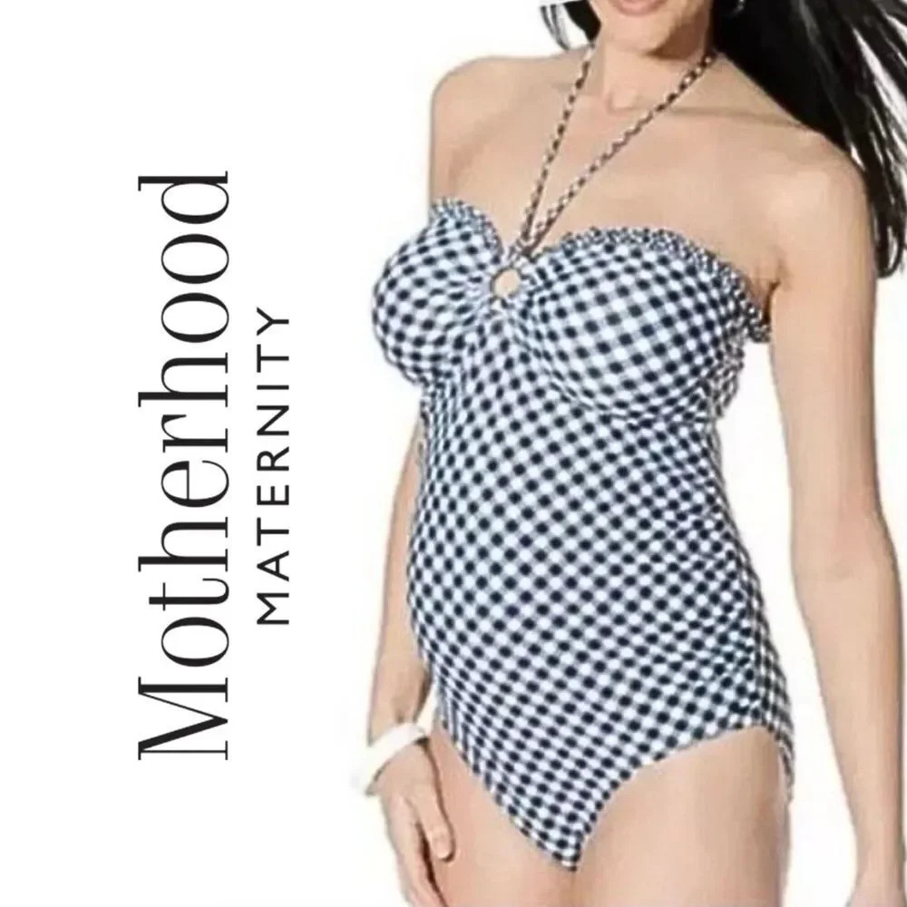 Motherhood Maternity, Gingham One piece Sweetheart‎ Ruffle Swimsuit, Blue, White